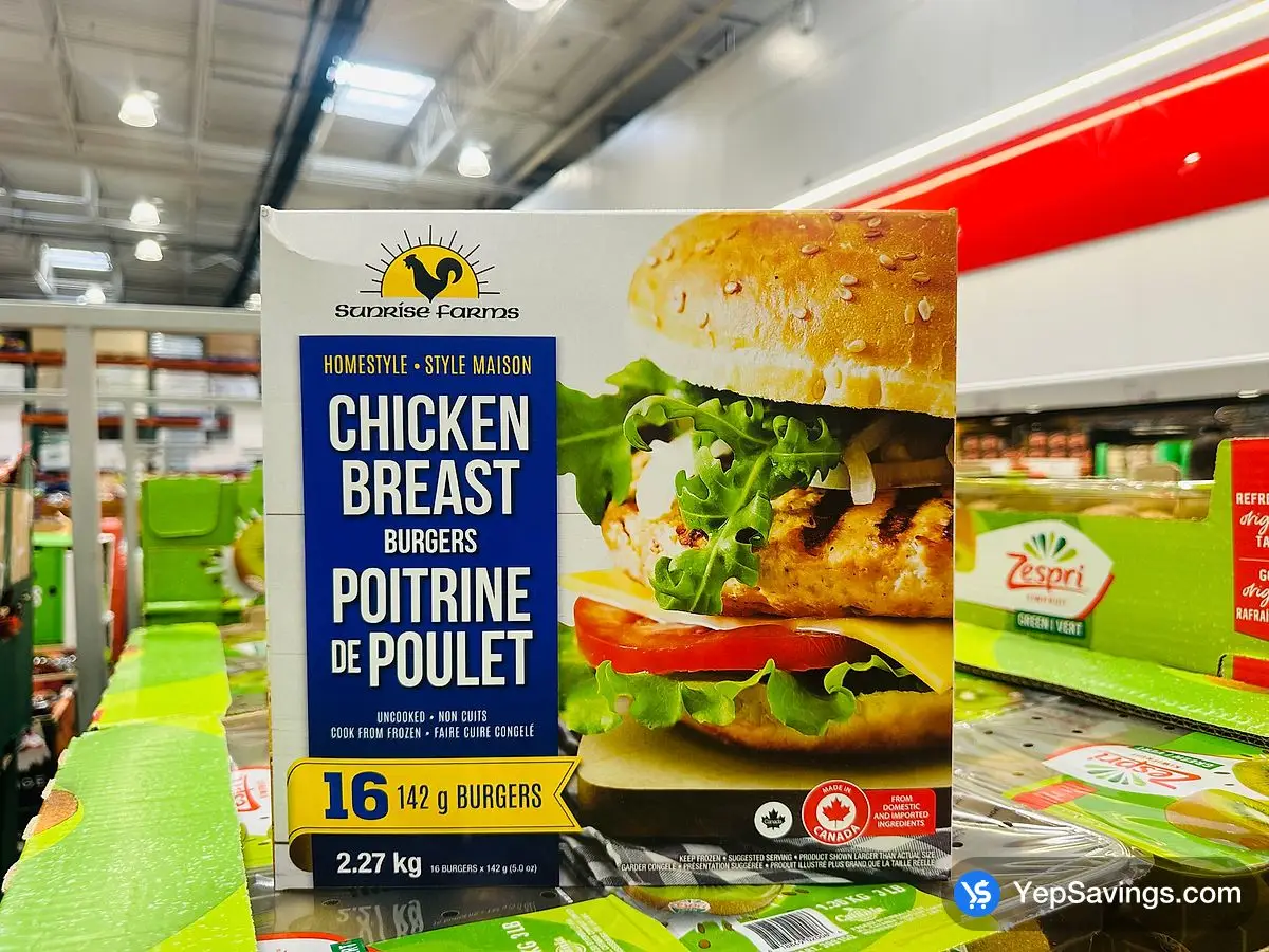 SUNRISE FARMS CHICKEN BREAST BURGER HOMESTYLE 16 X 142 g ITM 5667918 at Costco