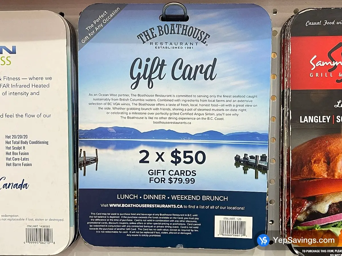 Costco THE BOATHOUSE GIFT CARDS 2 X $50 ITEM IS NON - REFUNDABLE - Canada (ITM 120)