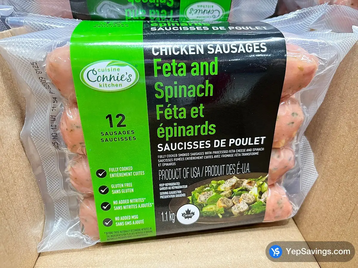 Costco CONNIE'S KITCHEN FETA & SPINACH CHICKEN CHICKEN SAUSAGE 1.1 kg - Canada (ITM 425417)
