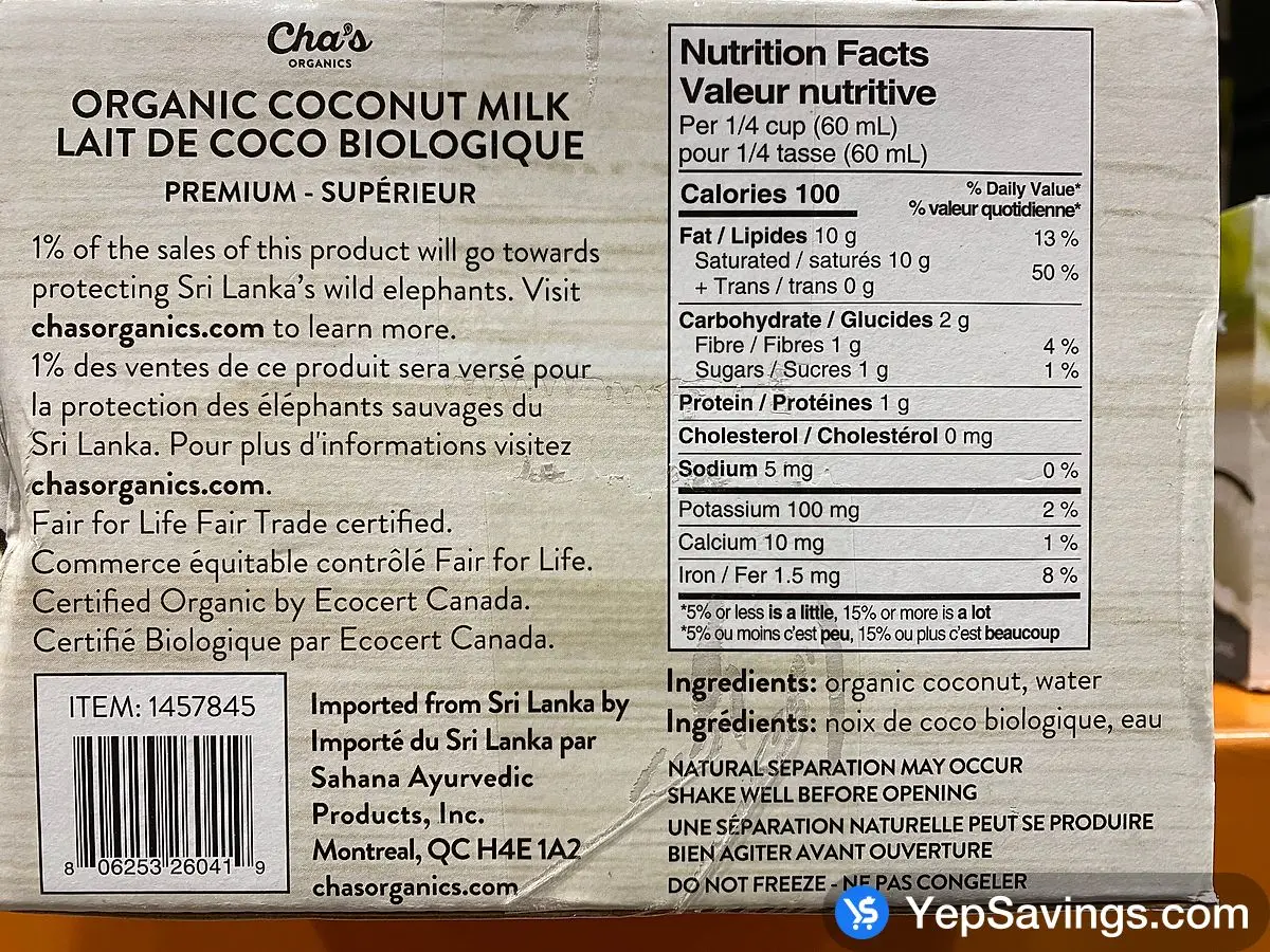 Costco CHA'S ORGANICS ORGANIC COCONUT MILK 6 x 400 mL - Canada (ITM 1457845)