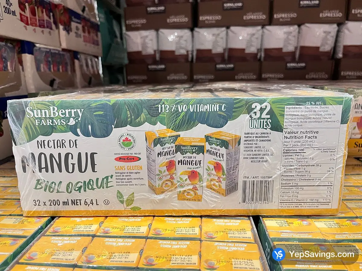 Costco SUNBERRY ORGANIC MANGO NECTAR 32 x 200 mL - Canada (ITM 1557588)