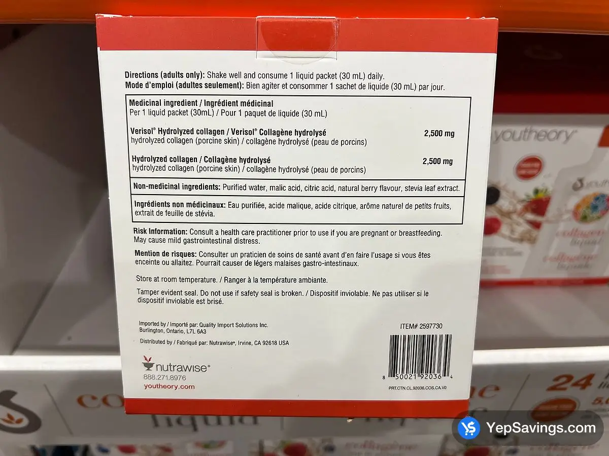 Costco YOUTHEORY LIQUID COLLAGEN 24 X 30ML POUCHES - Canada (ITM 2597730)