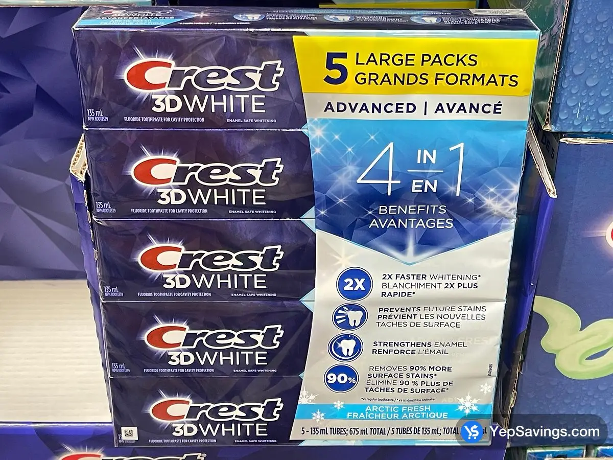 Costco CREST 3D WHITE ADVANCED TOOTHPASTE 5 x 135 mL - Canada (ITM 1746658)