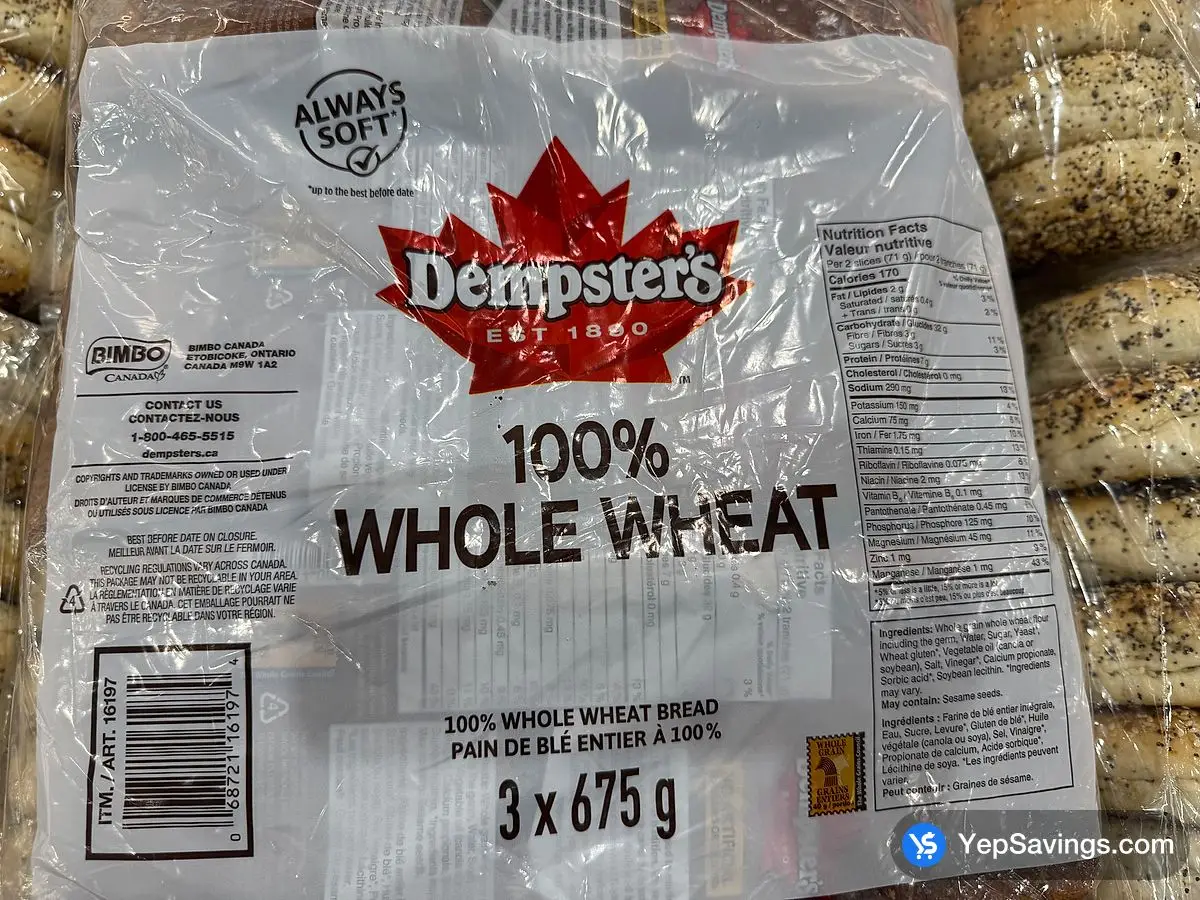 Costco DEMPSTER'S 100% WHOLE WHEAT 3 x 675 g D3 - Canada (ITM 16197)