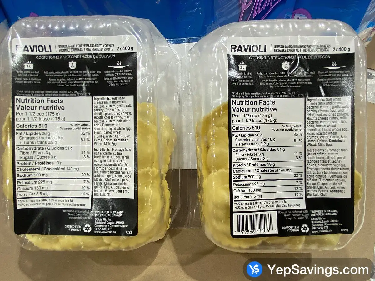 Costco O'SOLE MIO BOURSIN RAVIOLI 2 x 400 g - Canada (ITM 1768676)