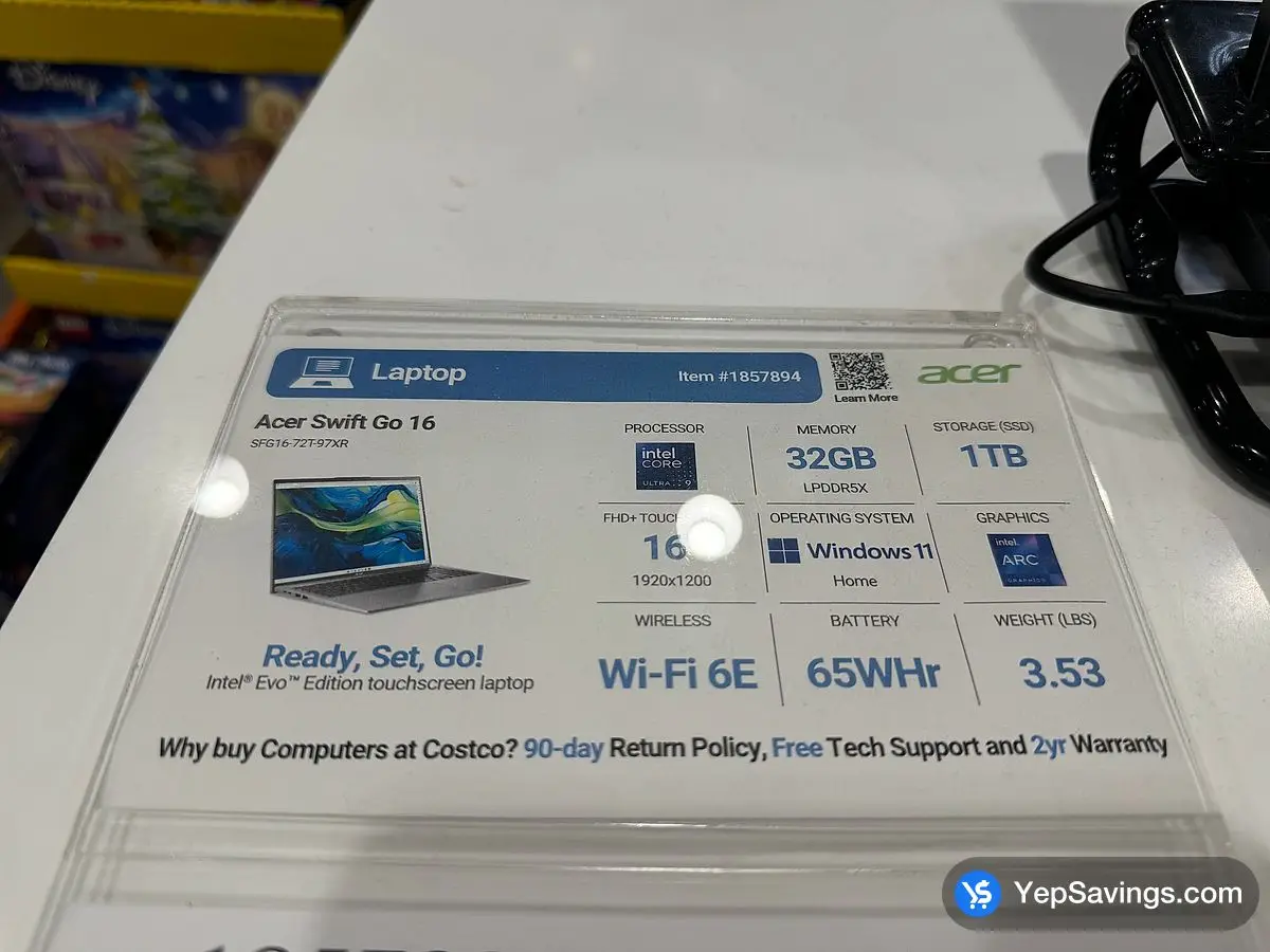 Costco ACER SWIFT GO 16.0 " INTEL EVO SFG16-72T - 97XR - Canada (ITM 1857894)