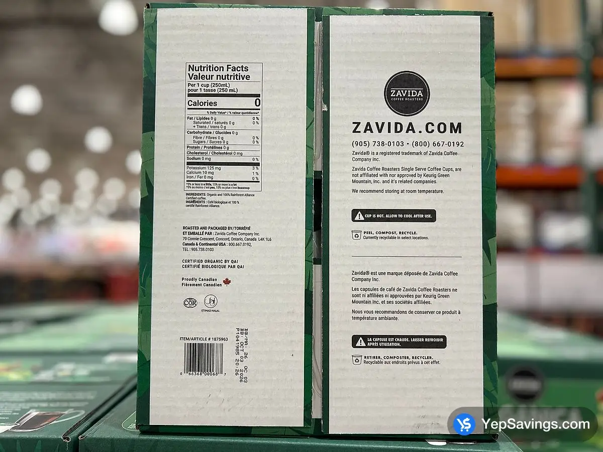 Costco ZAVIDA COFFEE ORGANICA K - CUPS PACK OF 72 K - CUPS - Canada (ITM 1875963)