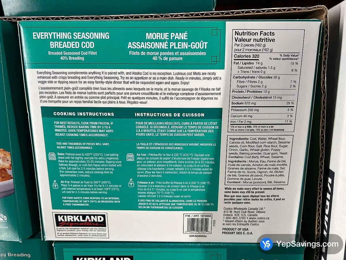 Costco KIRKLAND SIGNATURE EVERTHING BREADED COD 1.13 kg - Canada (ITM 1674958)