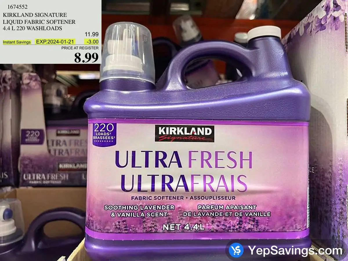 KIRKLAND SIGNATURE LIQUID FABRIC SOFTENER 4.4 L 220 WASHLOADS at Costco 3180 Laird Rd Mississauga