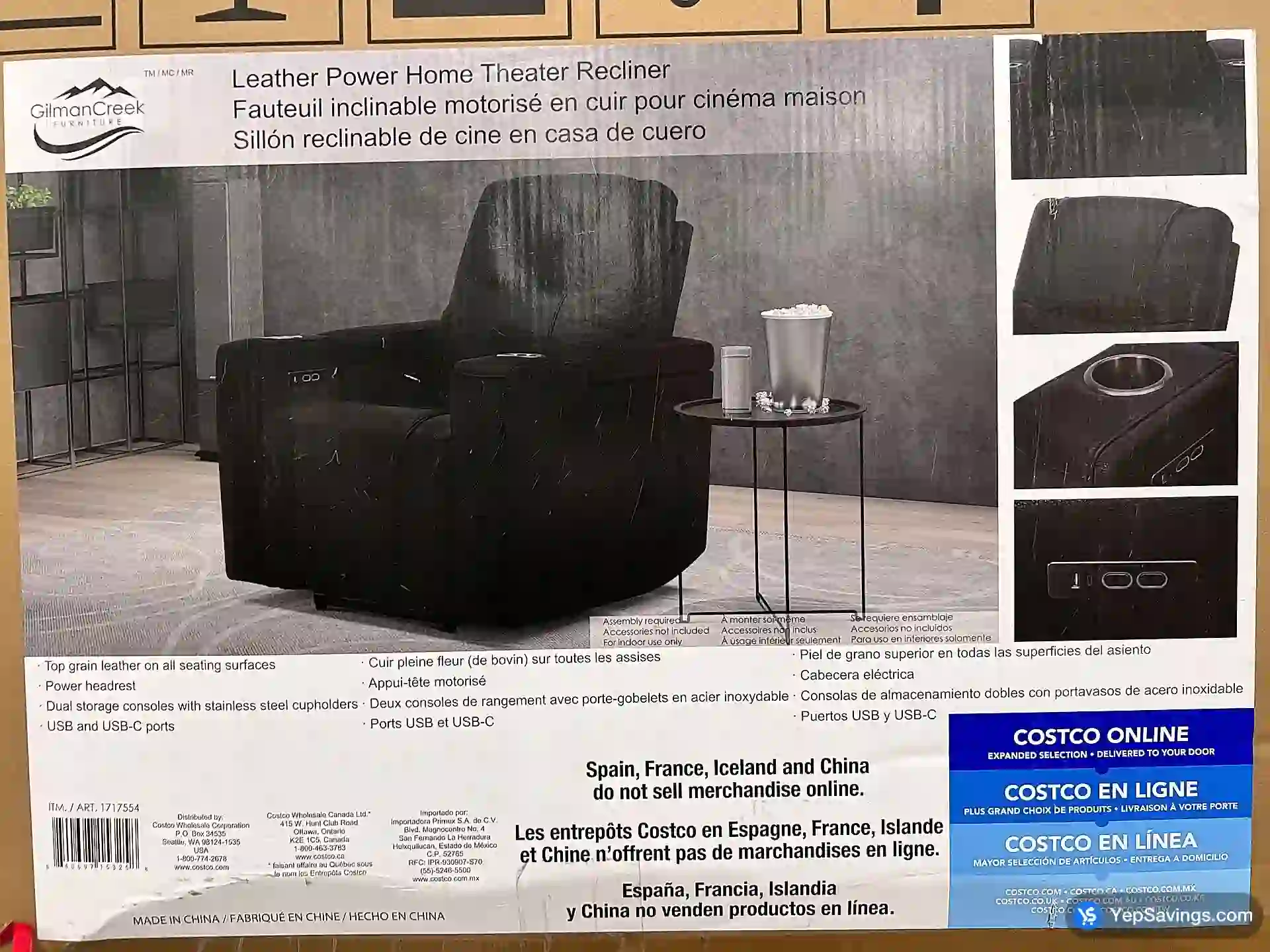 Costco GILMAN CREEK FURNITURE HOME THEATRE RECLINER BLACK LEATHER - Canada (ITM 1717554)