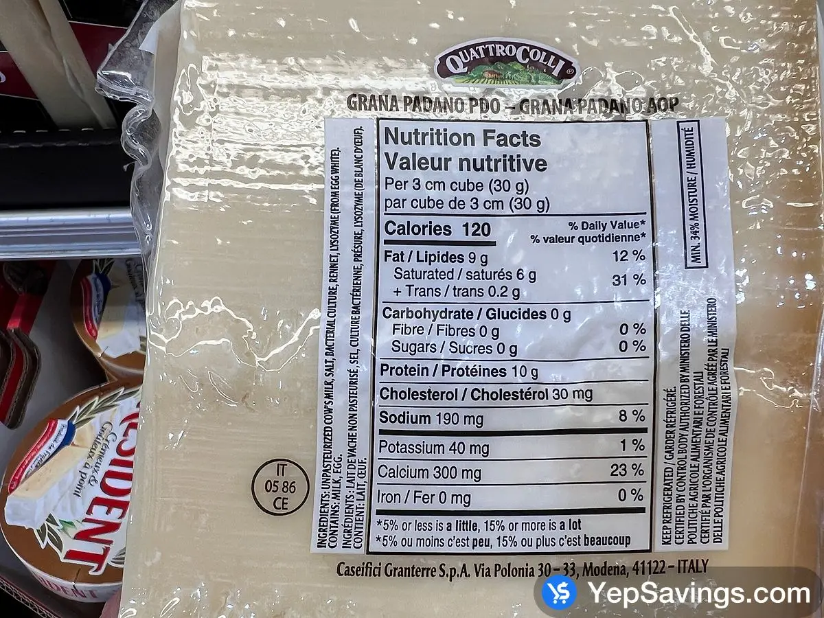 Costco QUATTRO COLLI GRANA PADANO 14 MONTH PRICE PER kg - Canada (ITM 27280)
