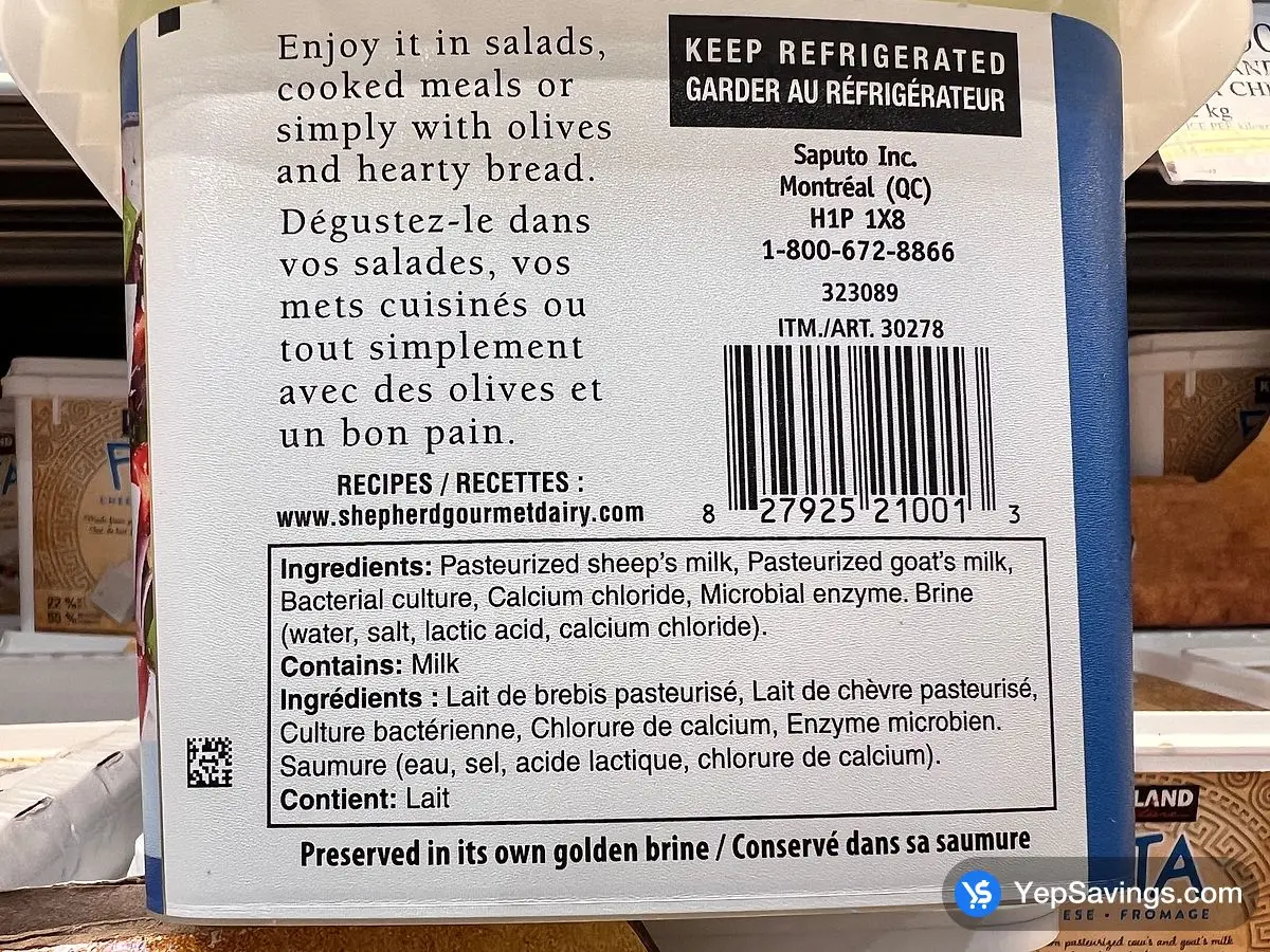 Costco SHEPHERD GOURMET SHEEP & GOAT FETA 1 kg - Canada (ITM 30278)