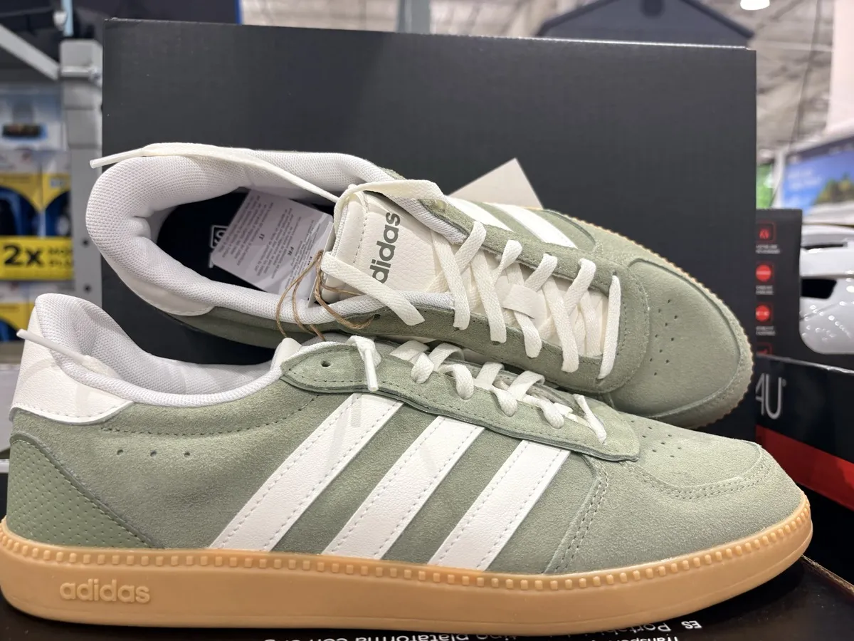 Adidas women's shoe at Costco Canada — sage green suede side view