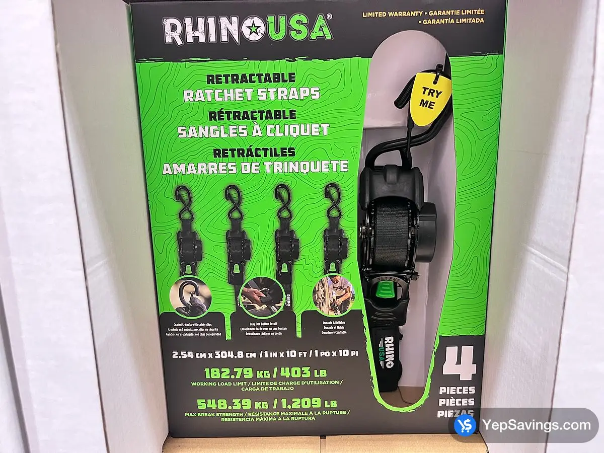 Costco RHINO USA RETRACTABLE 1X10 RATCHET STRAPS 4PK - Canada (ITM 1787008)