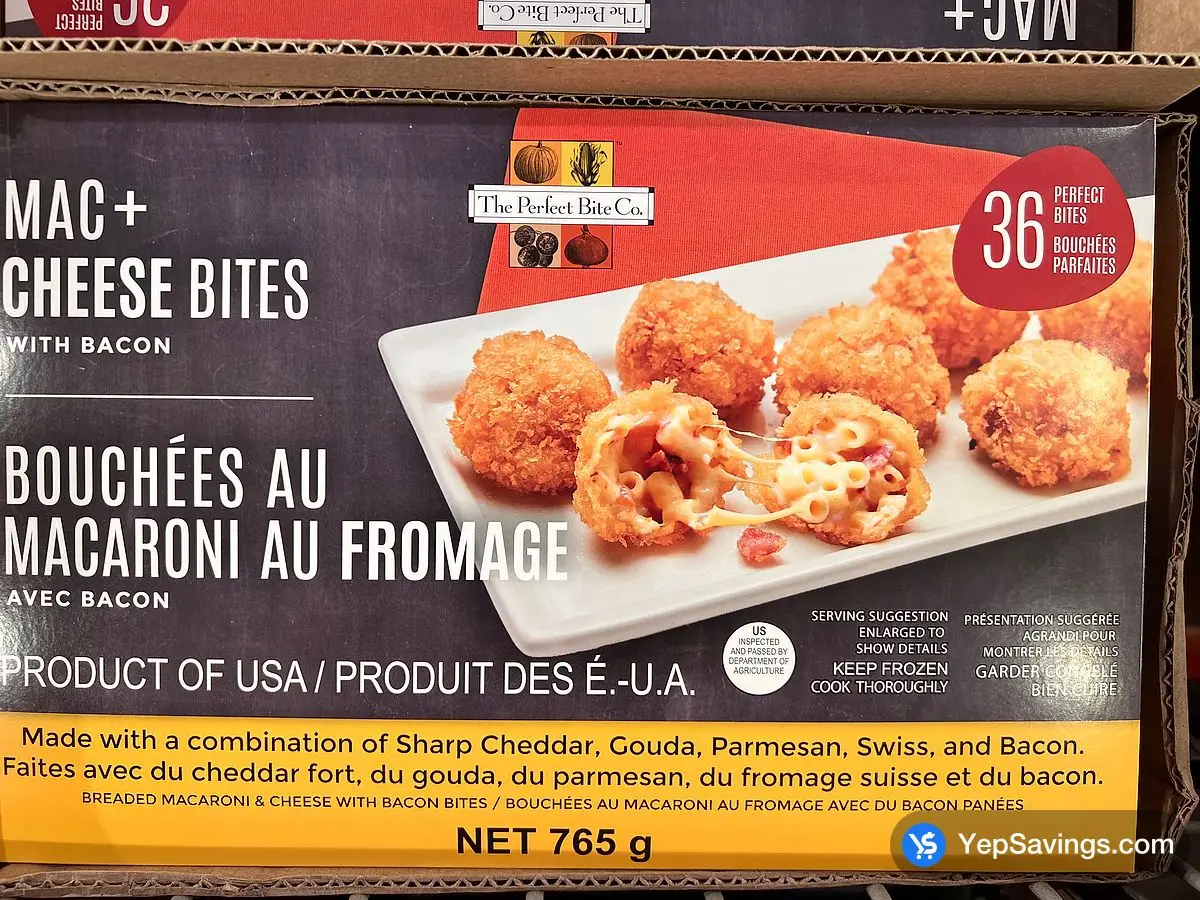 Costco THE PERFECT BITE MAC & CHEESE BITES WITH BACON 765 g - Canada (ITM 1837262)