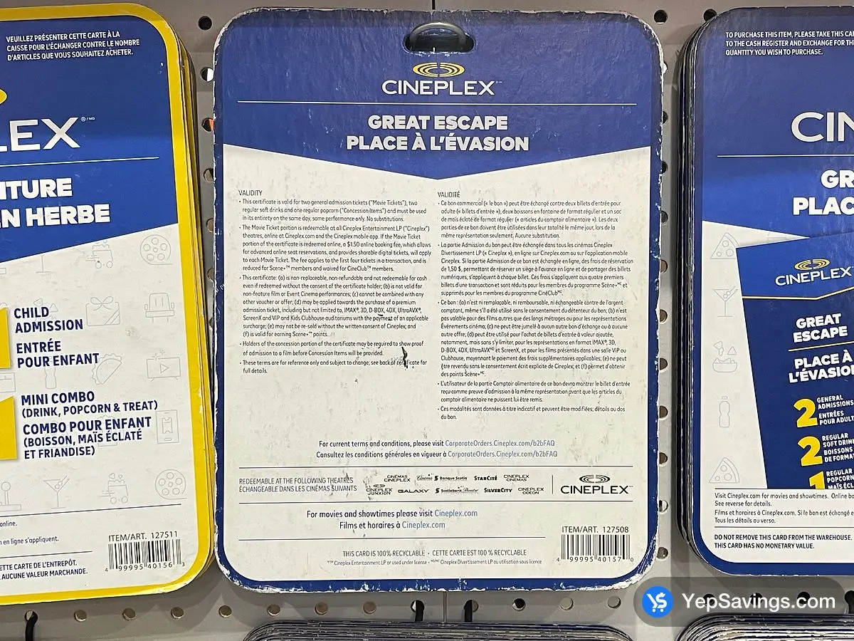 Costco CINEPLEX GREAT ESCAPE 2 ADULTS MOVIE PACKAGE - Canada (ITM 127508)