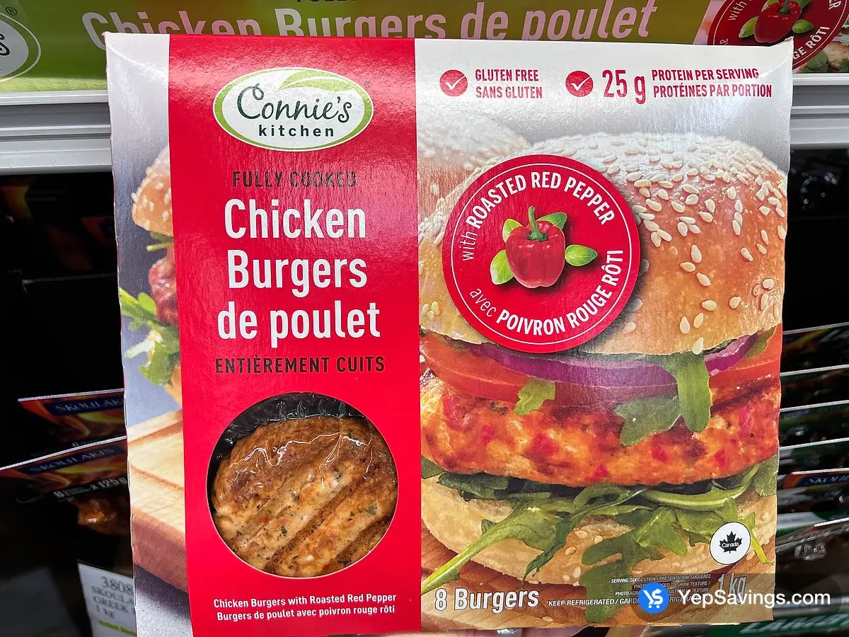 Costco CONNIE'S KITCHEN CHICKEN BURGERS RED PEPPER 8 x 125 g - Canada (ITM 5051503)