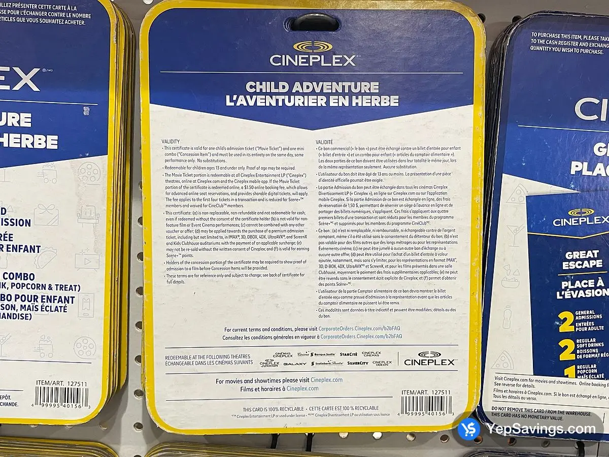 Costco CINEPLEX CHILD ADVENTURE MOVIE PACKAGE - Canada (ITM 127511)